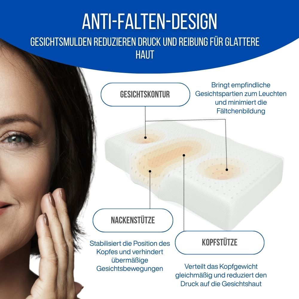 Ergonomisches Kissen mit Diagramm. Gesichtskontur, Nackenstütze, Kopfstütze. Frau berührt ihr Gesicht.
