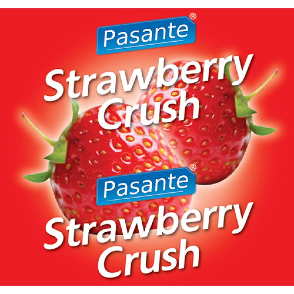 Rote Verpackung mit zwei Erdbeeren und Schriftzug 'Strawberry Crush'. Oben und unten ist der Markenname 'Pasante' zu sehen.