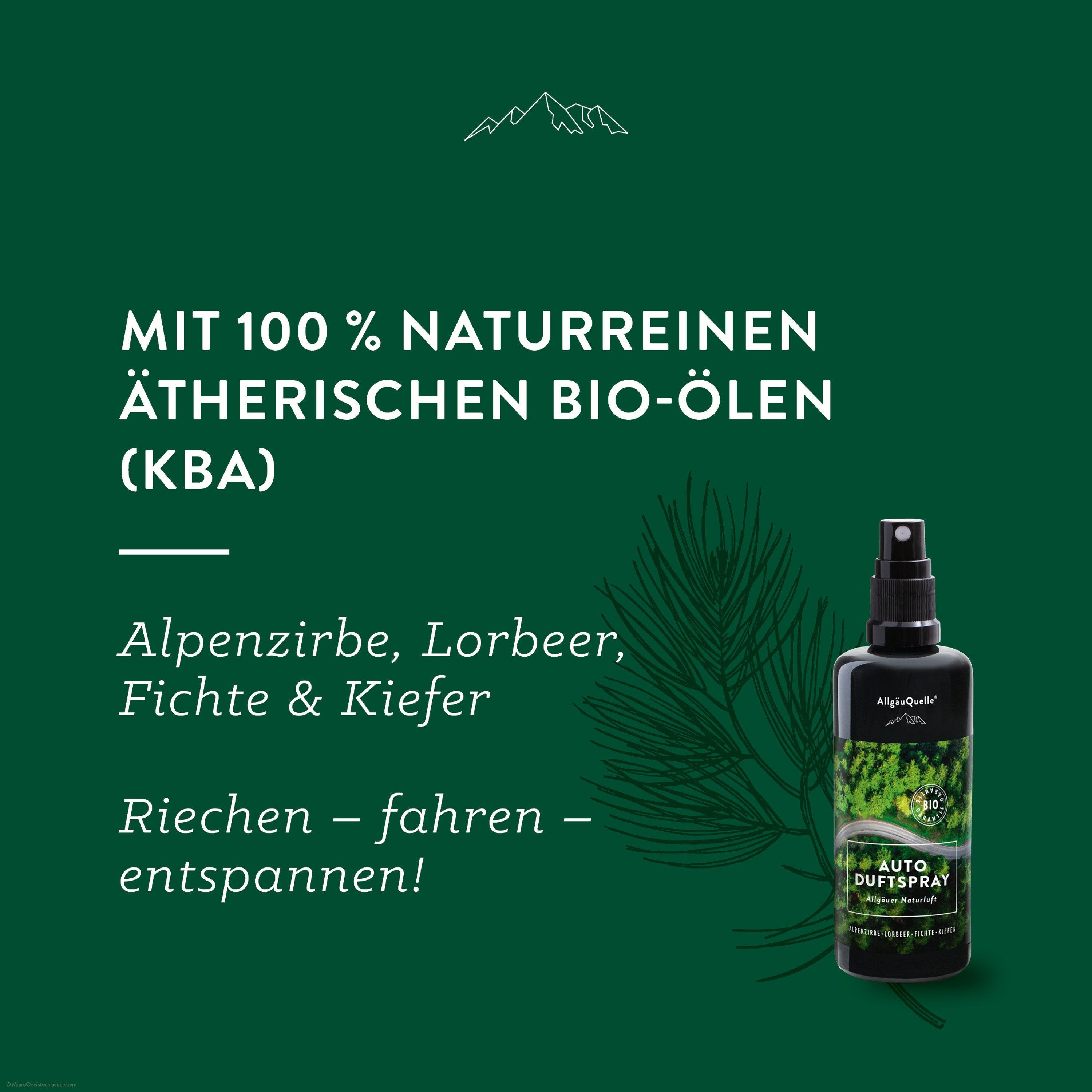 AllgäuQuelle Bio Autoduft Lufterfrischer Duftspray Alpenzirbe, Lorbeer, Fichte und Kiefer