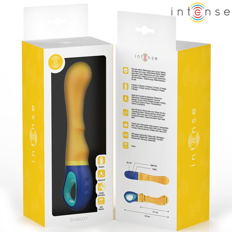 Verpackung mit gelb-blauem Vibrator. Produktname: Shaggy. Marke Intense. Mit Produktinformationen.