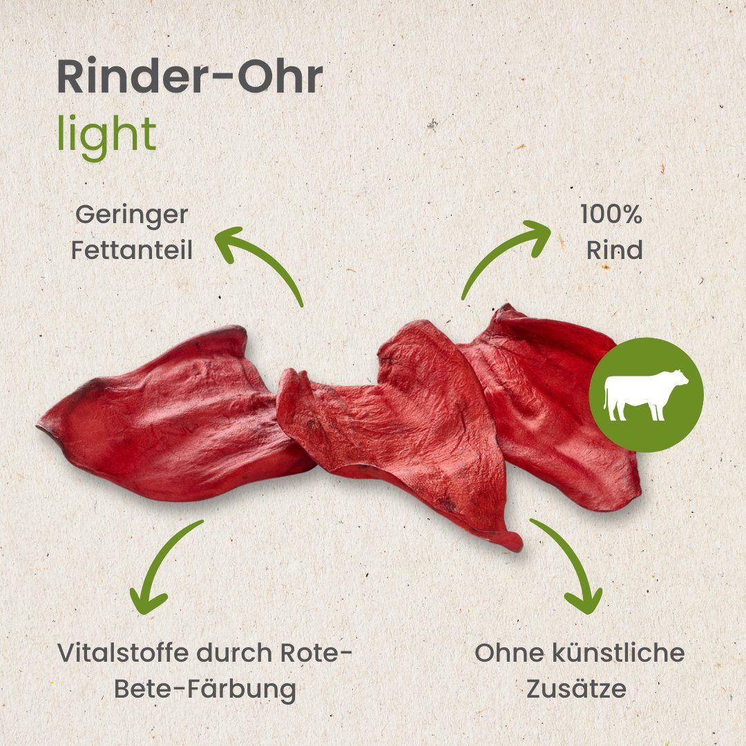Rinderohr light: geringer Fettanteil, 100% Rind, Vitalstoffe durch Rote-Bete-Färbung, ohne künstliche Zusätze.