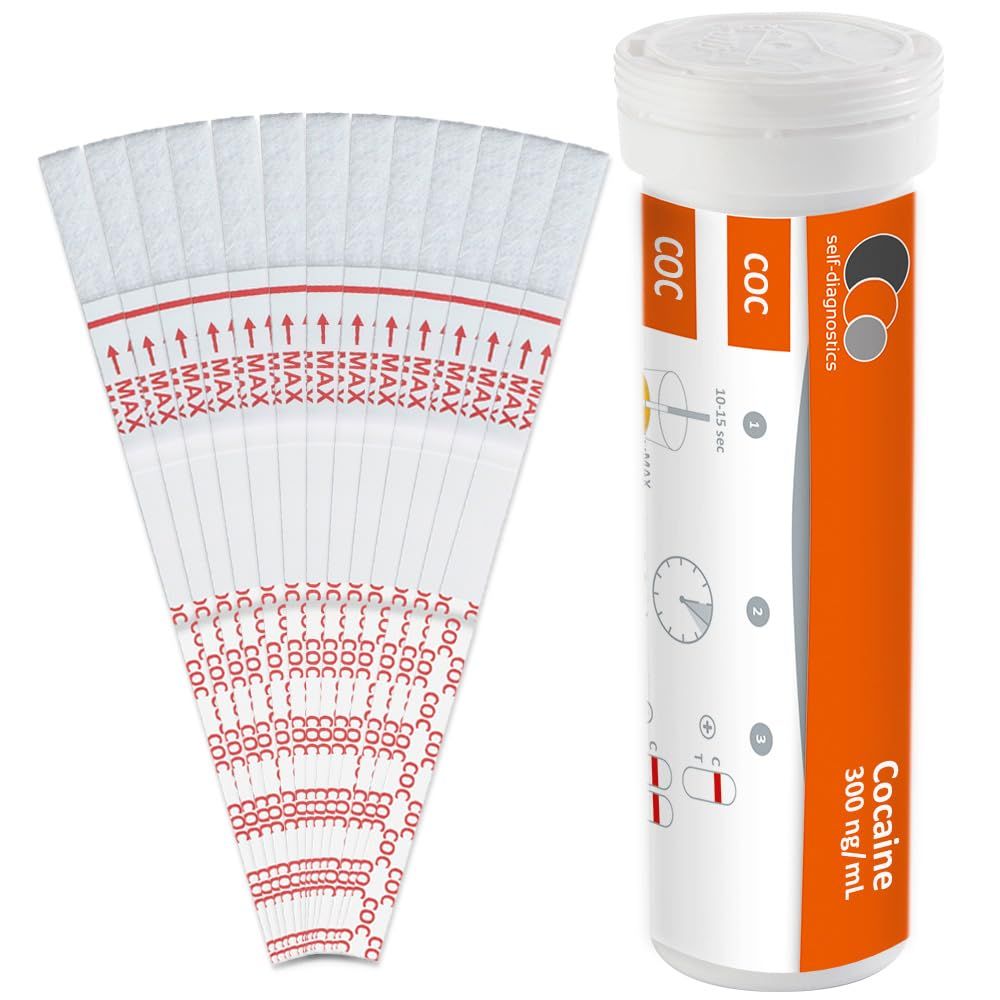 Teststrips en container. Opschrift: COC, self-diagnostics, cocaïne. Oranje-witte verpakking.