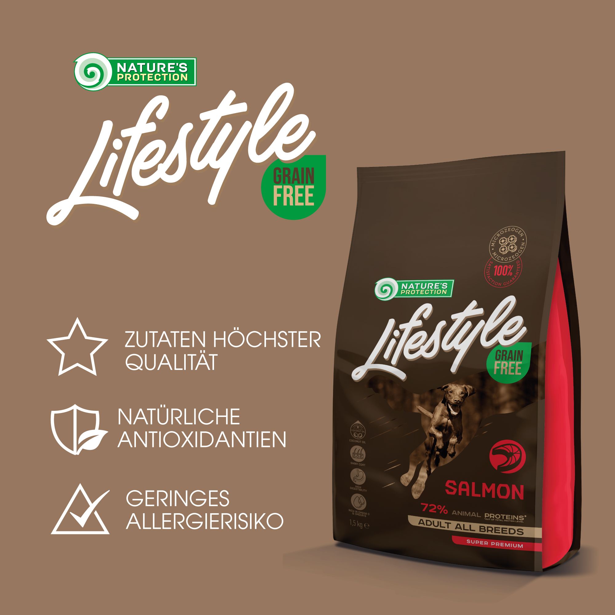 Braune Tasche mit Lifestyle-Schriftzug, Logo und Text. Enthält Lachs. Getreidefrei. Zutaten höchster Qualität.