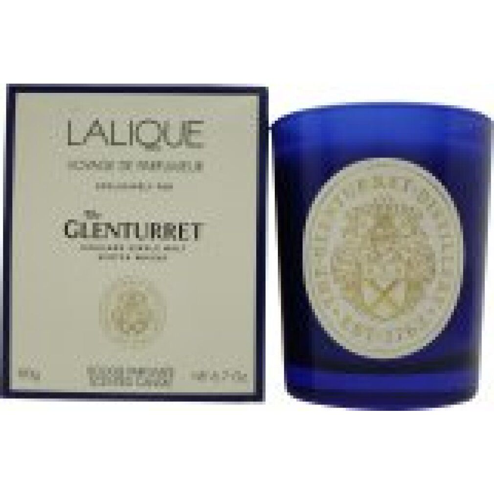 Blaues Glas mit weißem Etikett, Text: The Glenturret, Lalique. Daneben Schachtel mit Text.