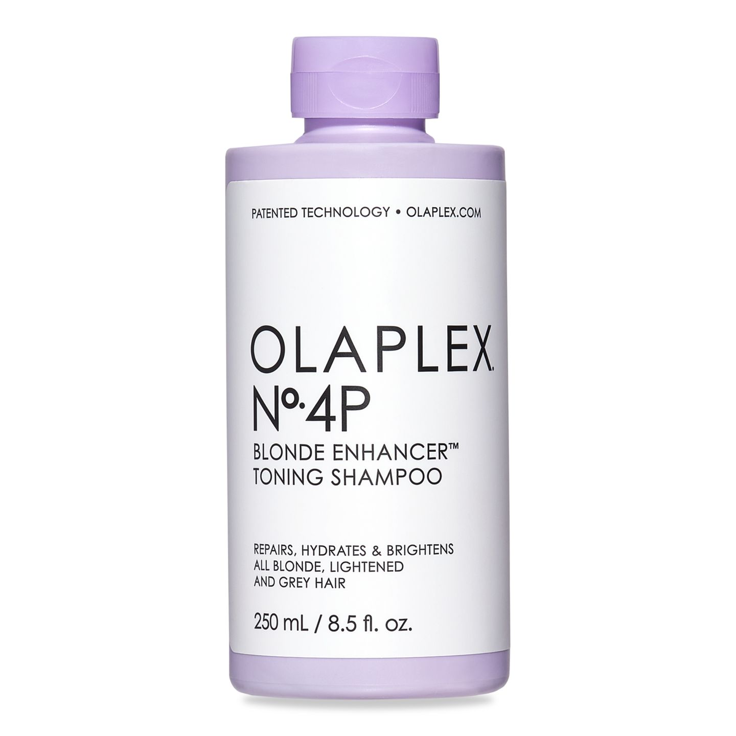 Olaplex No.4P Blonde Enhancer Toning Shampoo fles. Paarse fles met wit etiket. Witte achtergrond.