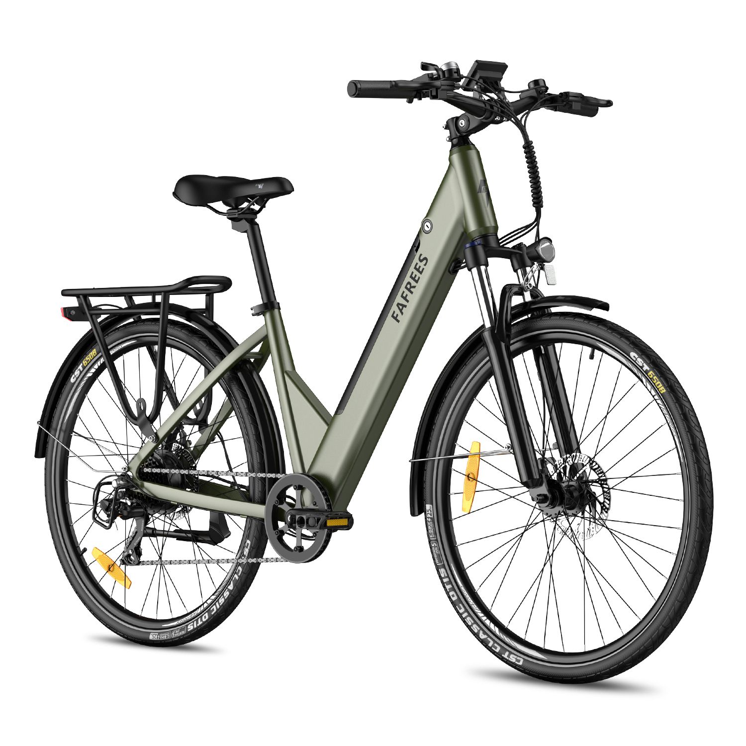 Grünes E-Bike mit Gepäckträger, Schutzblechen und dem Schriftzug FAFREES. Schwarze Reifen und Sattel.