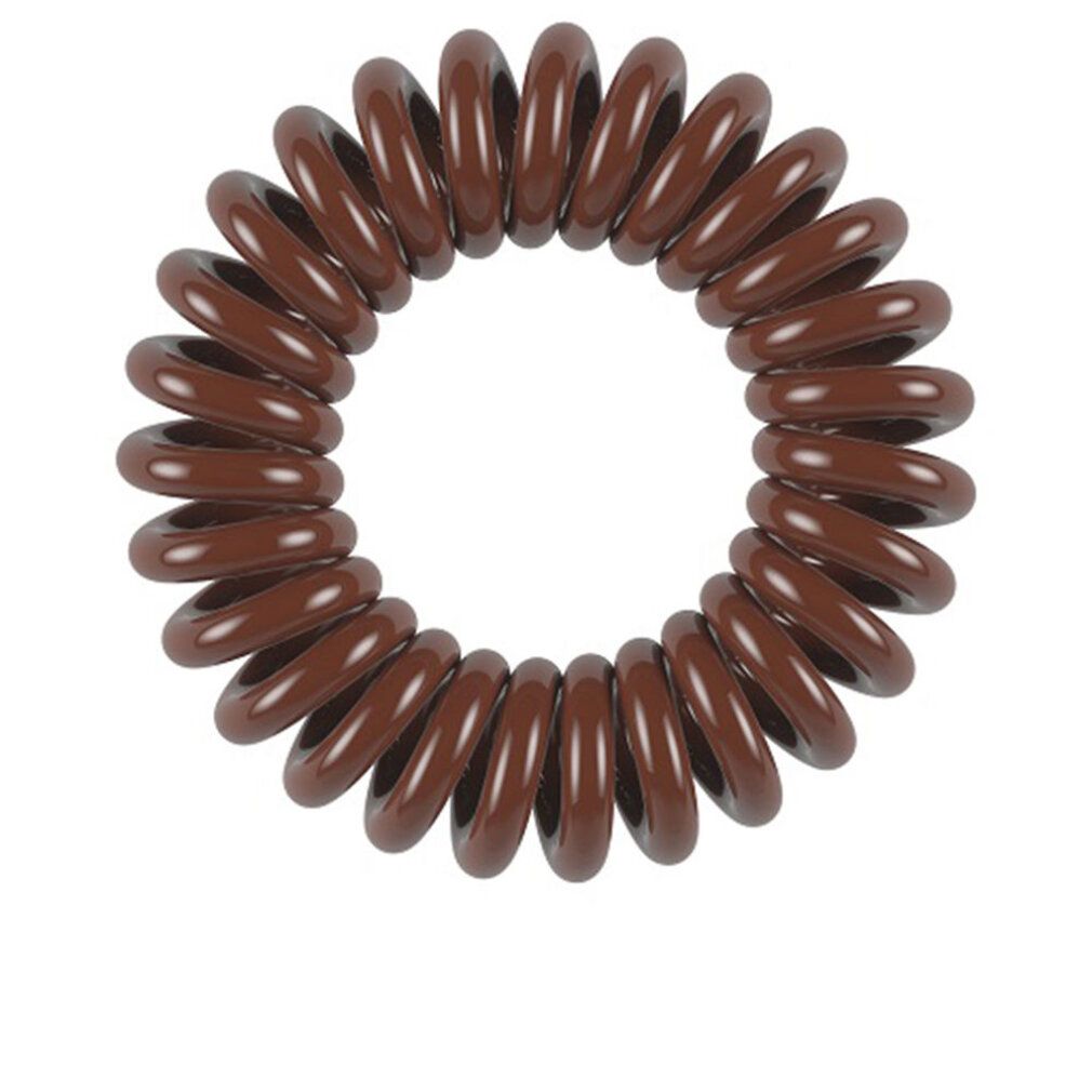 Brauner Haargummi in Spiralform. Produktansicht von oben.