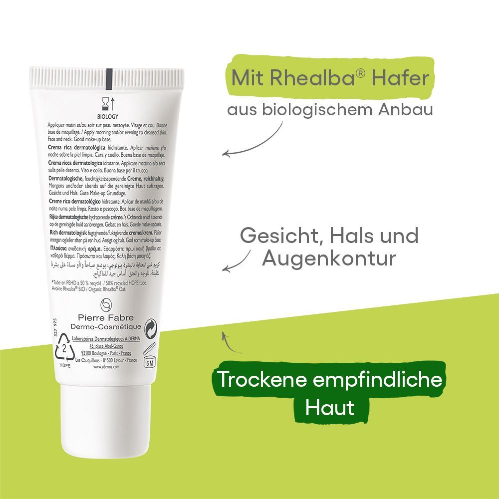 A-DERMA BIOLOGY Creme-Tube. Text: Mit Rhealba Hafer, Gesicht, Hals, Augenkontur, trockene empfindliche Haut.