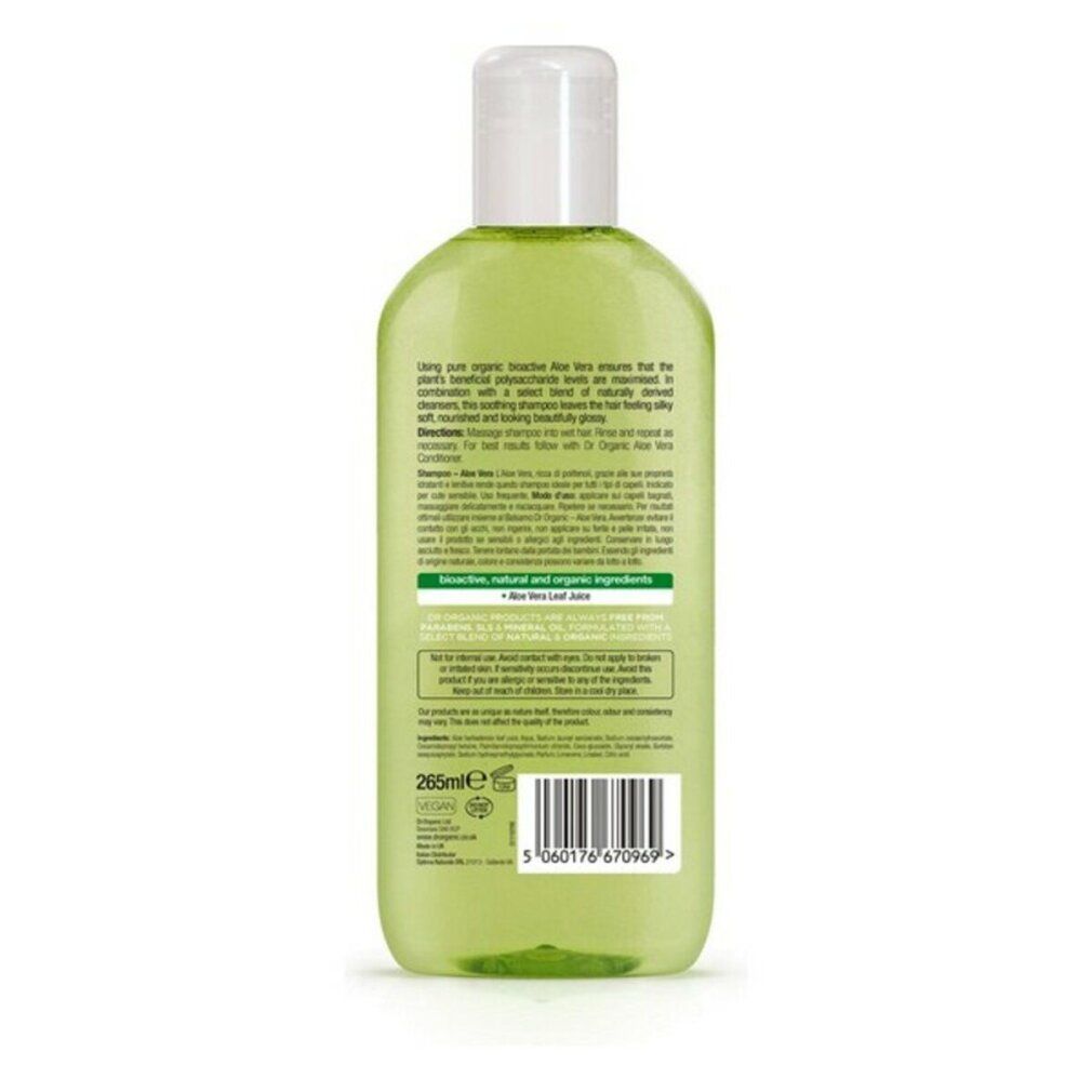 Rückseite einer grünen, ovalen Shampoo-Flasche. Text: Inhaltsstoffe, Bioactive, natural and organic ingredients, Aloe Vera Leaf Juice.