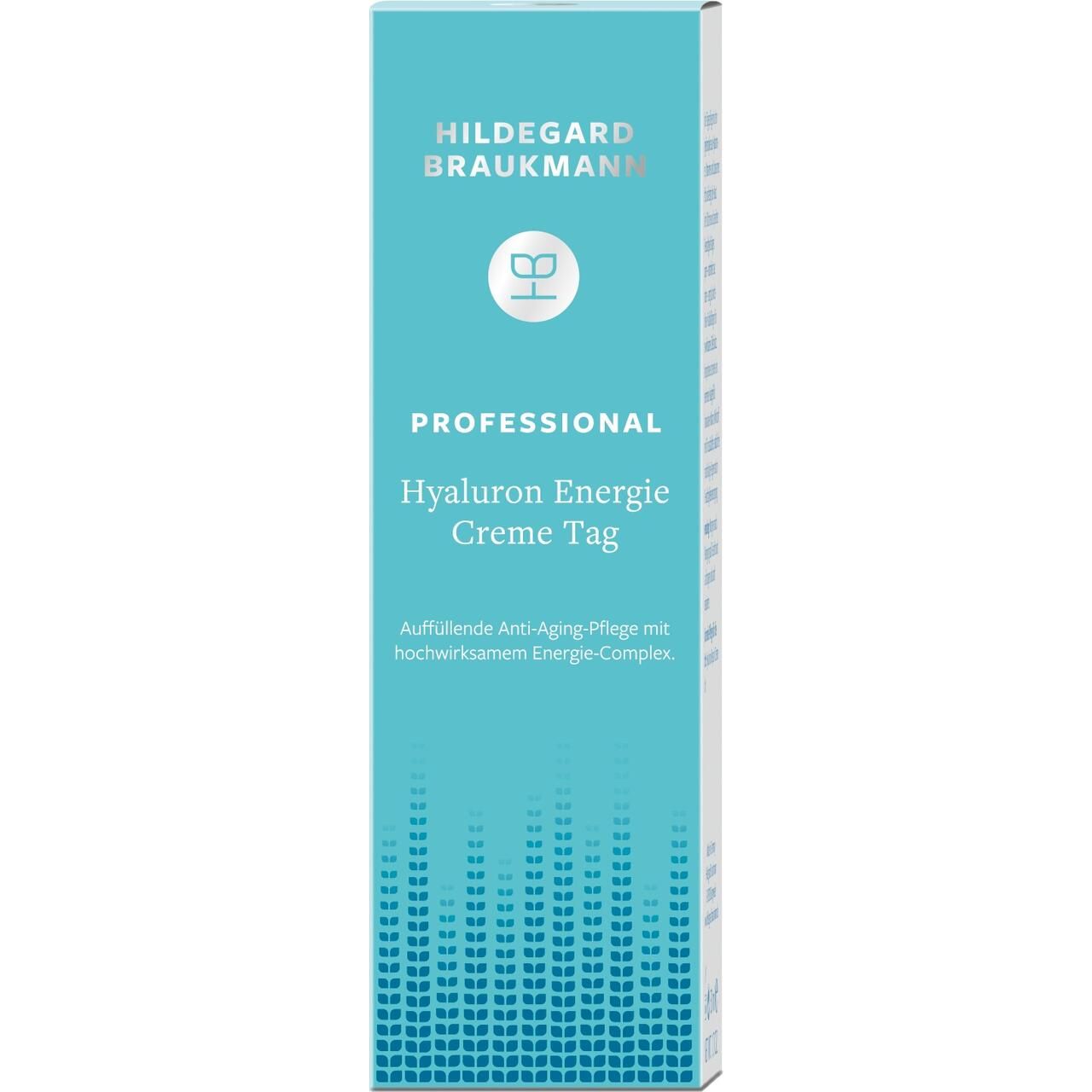 Schachtel mit Aufschrift: Hildegard Braukmann, Professional, Hyaluron Energie Creme Tag. Blaue grafische Elemente.