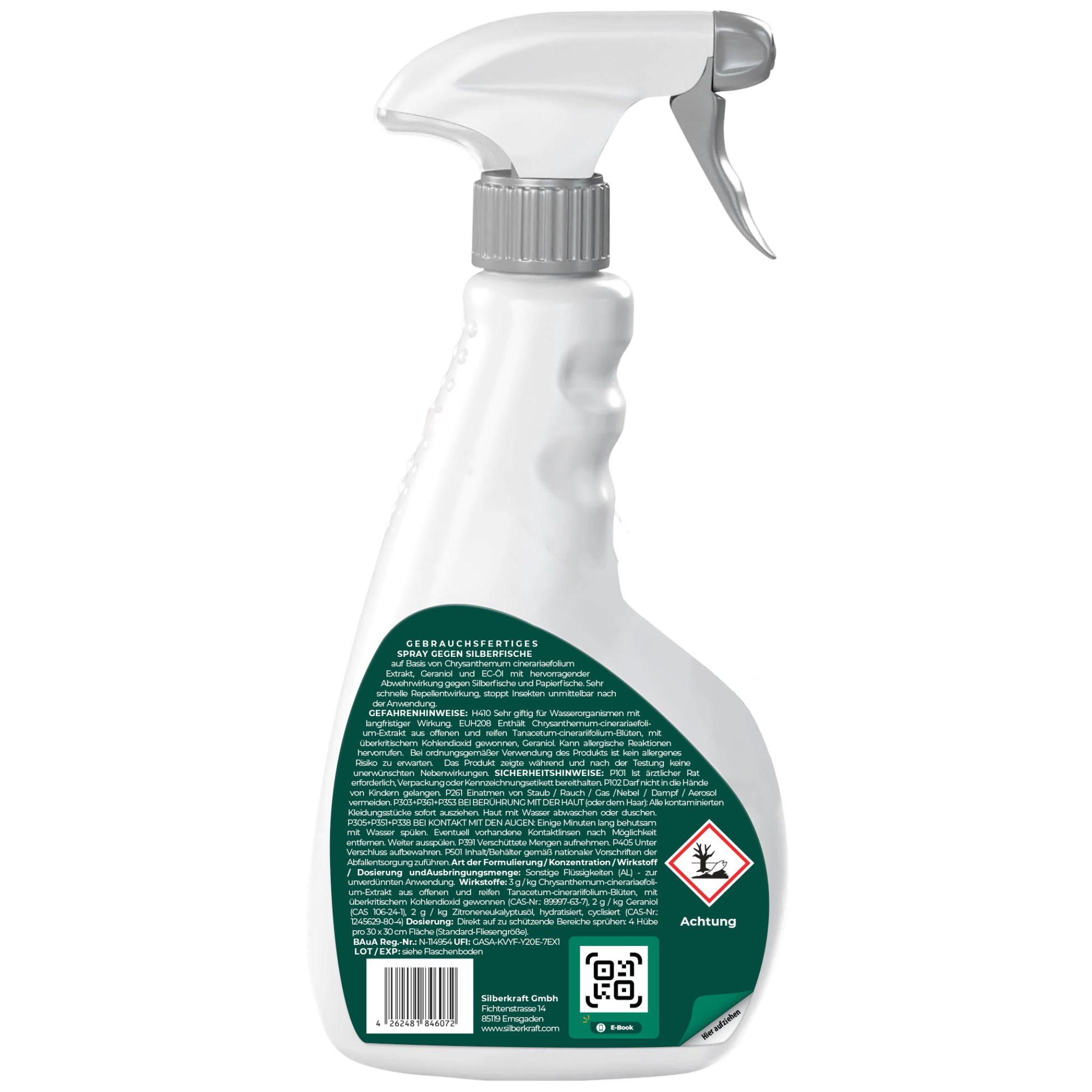 Rückseite der Sprayflasche. Text: Gebrauchsanweisung, Warnhinweis, Inhaltsstoffe. QR-Code.