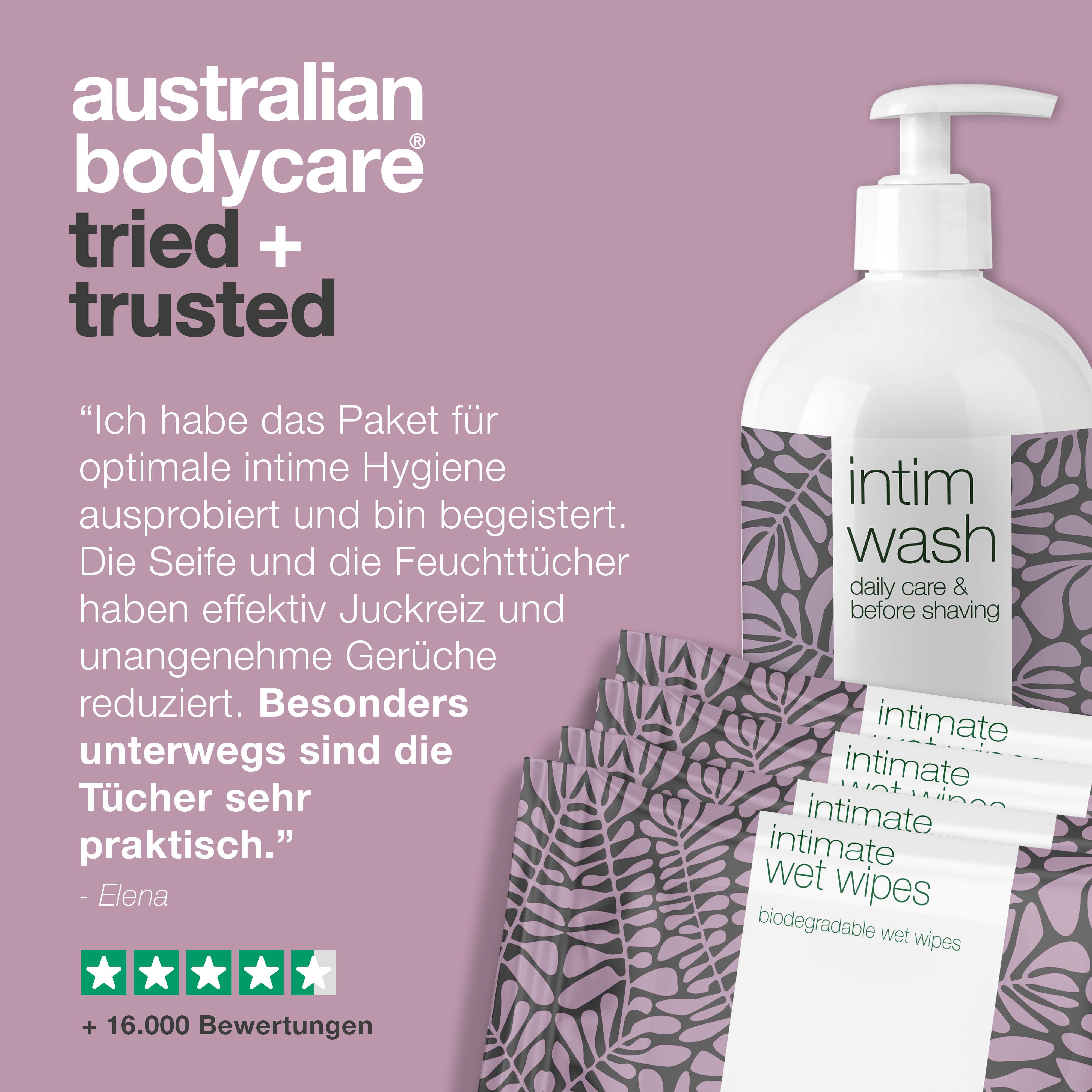 Getestet und bewährt. Intimwaschmittel und Feuchttücher. Lila Hintergrund. Australian Bodycare.