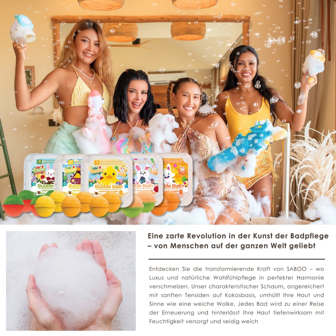 Mehrere Frauen mit Schaum. Mehrere Packungen mit Badebomben. Badebomben in verschiedenen Farben.