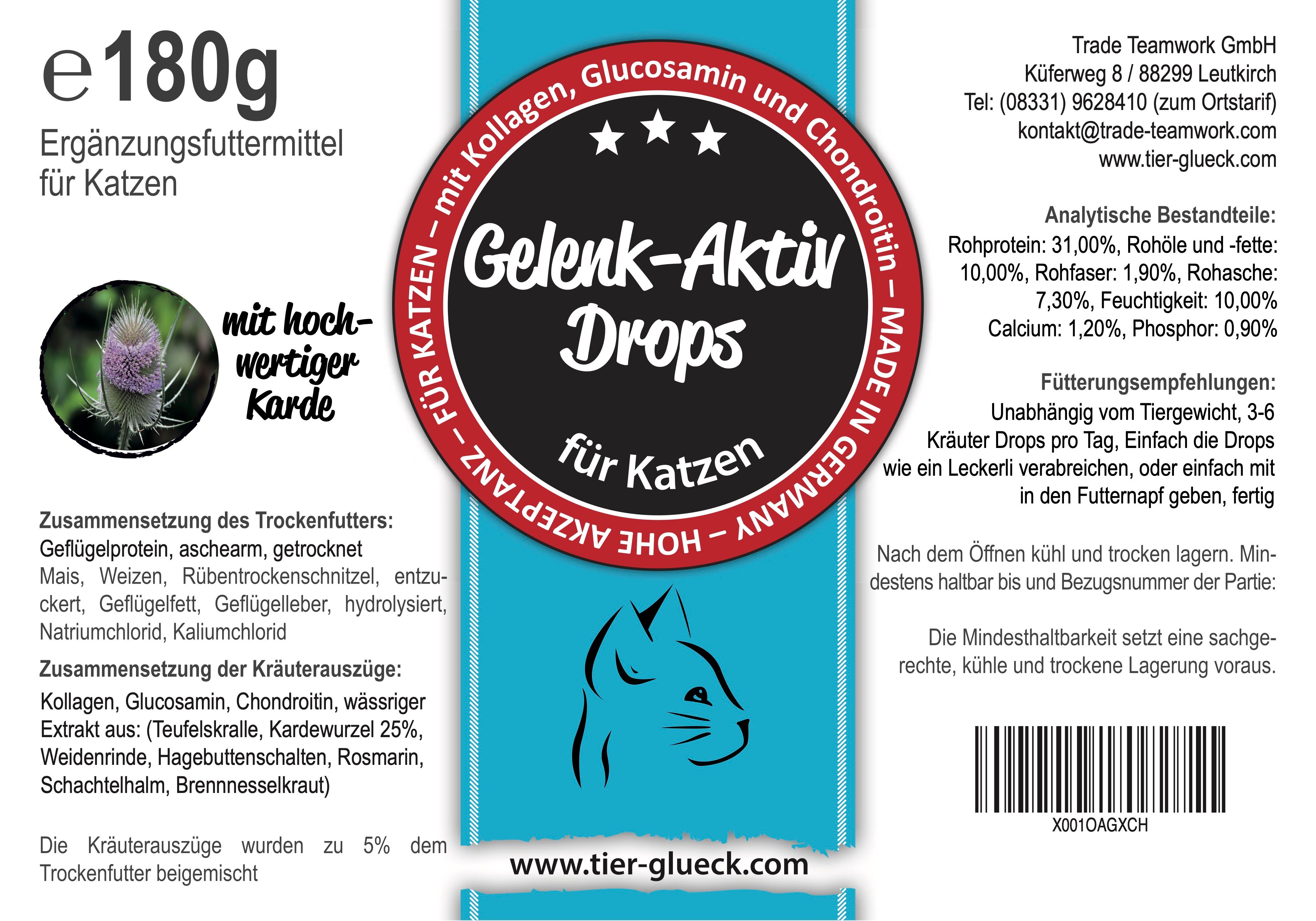 Etikett mit Produktinformationen: TierGlück Gelenk-Aktiv Drops für Katzen. Enthält Kollagen, Glucosamin und Chondroitin. Made in Germany.