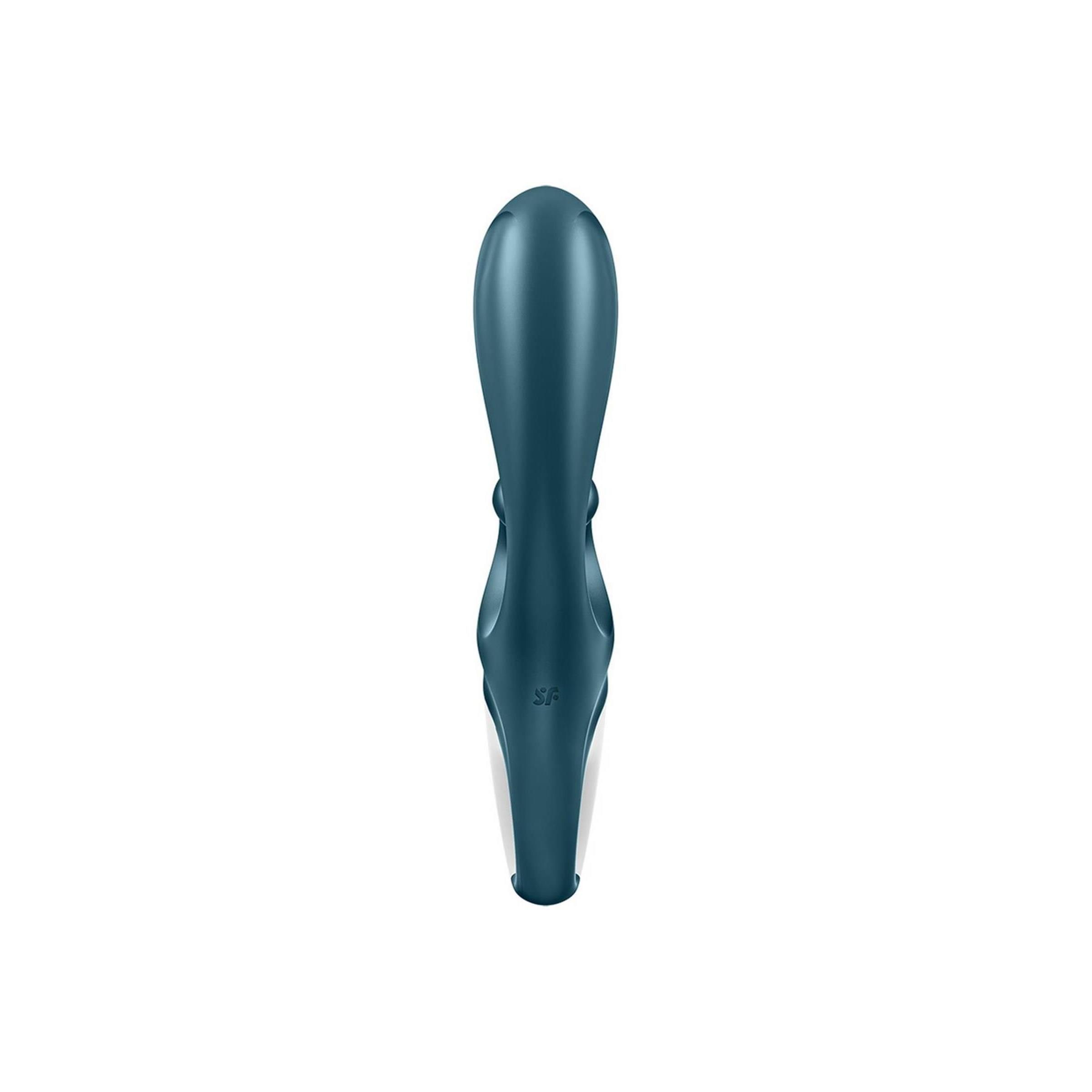 Vibrator, blau, weiß. Ansicht von hinten. Glatte Oberfläche. Gebogene Form.