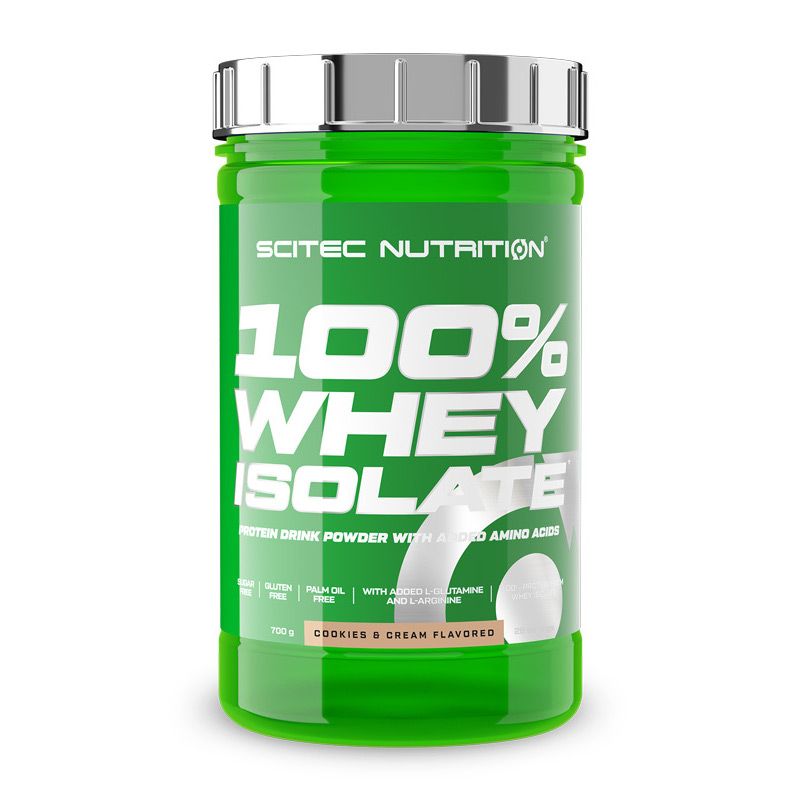 Grüne Dose mit "SCITEC NUTRITION" und "100% WHEY ISOLATE" Aufschrift. "COOKIES & CREAM FLAVORED" darunter. Deckel silberfarben.