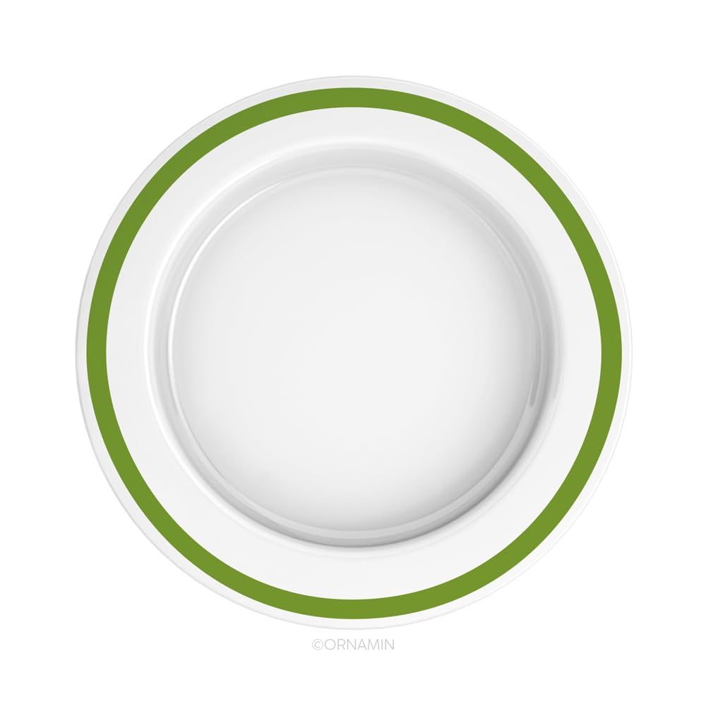 Weißer Teller mit grünem Rand. ORNAMIN Logo am unteren Rand.