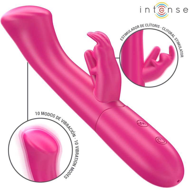 Pinkfarbener Vibrator mit Hasenohren-Aufsatz. Mit 10 Vibrationsmodi und clitoraler Stimulation. Marke: Intense.