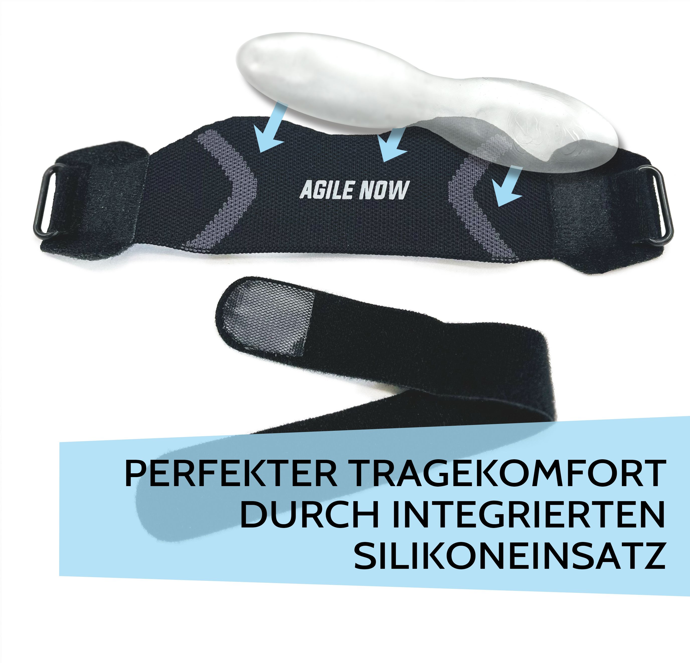 Kniebandage mit "AGILE NOW" Schriftzug. Silikoneinsatz. Text: "PERFEKTER TRAGEKOMFORT DURCH INTEGRIERTEN SILIKONEINSATZ".