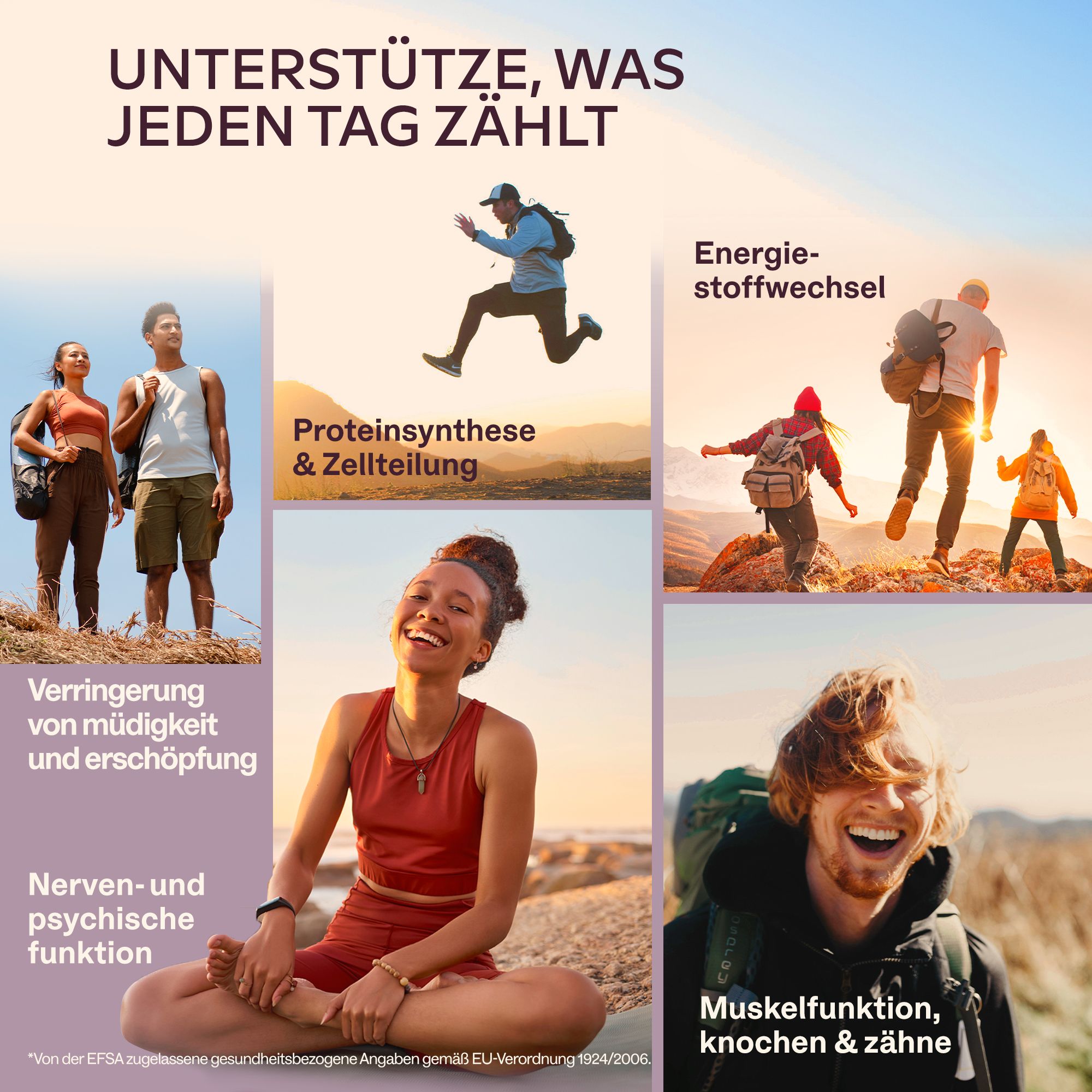 Menschen in verschiedenen Situationen. Aufschrift: Reduzierung von Müdigkeit und Erschöpfung.