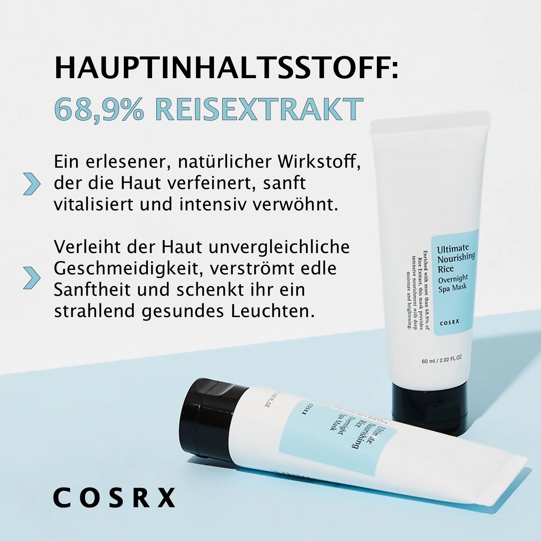 Weiße Tube mit schwarzem Deckel. Aufschrift: Ultimate Nourishing Rice Overnight Spa Mask. Marke: COSRX. Text: Hauptinhaltsstoff: 68,9% Reisextrakt.