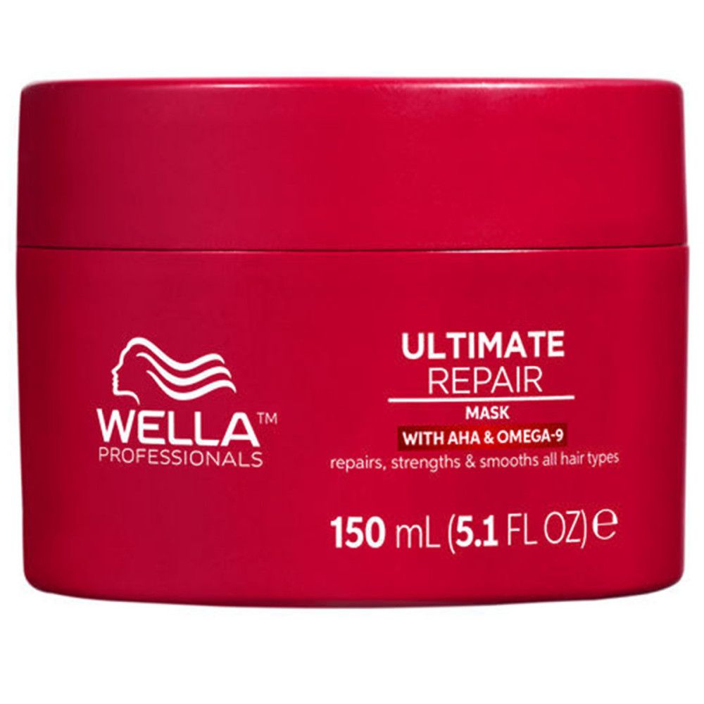Rote Dose mit Wella Ultimate Repair Mask. Text: Ultimate Repair, Mask, mit AHA & Omega-9. 150 ml.