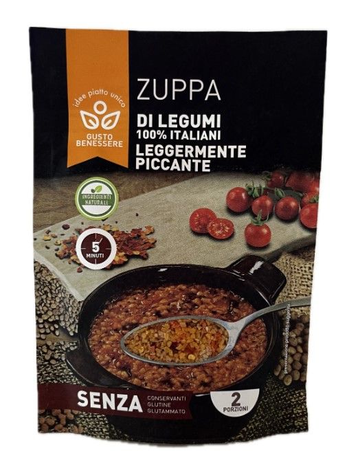 Confezione Zuppa di Legumi, 2 porzioni. 100% italiano, leggermente piccante. Senza conservanti, glutine e glutammato.