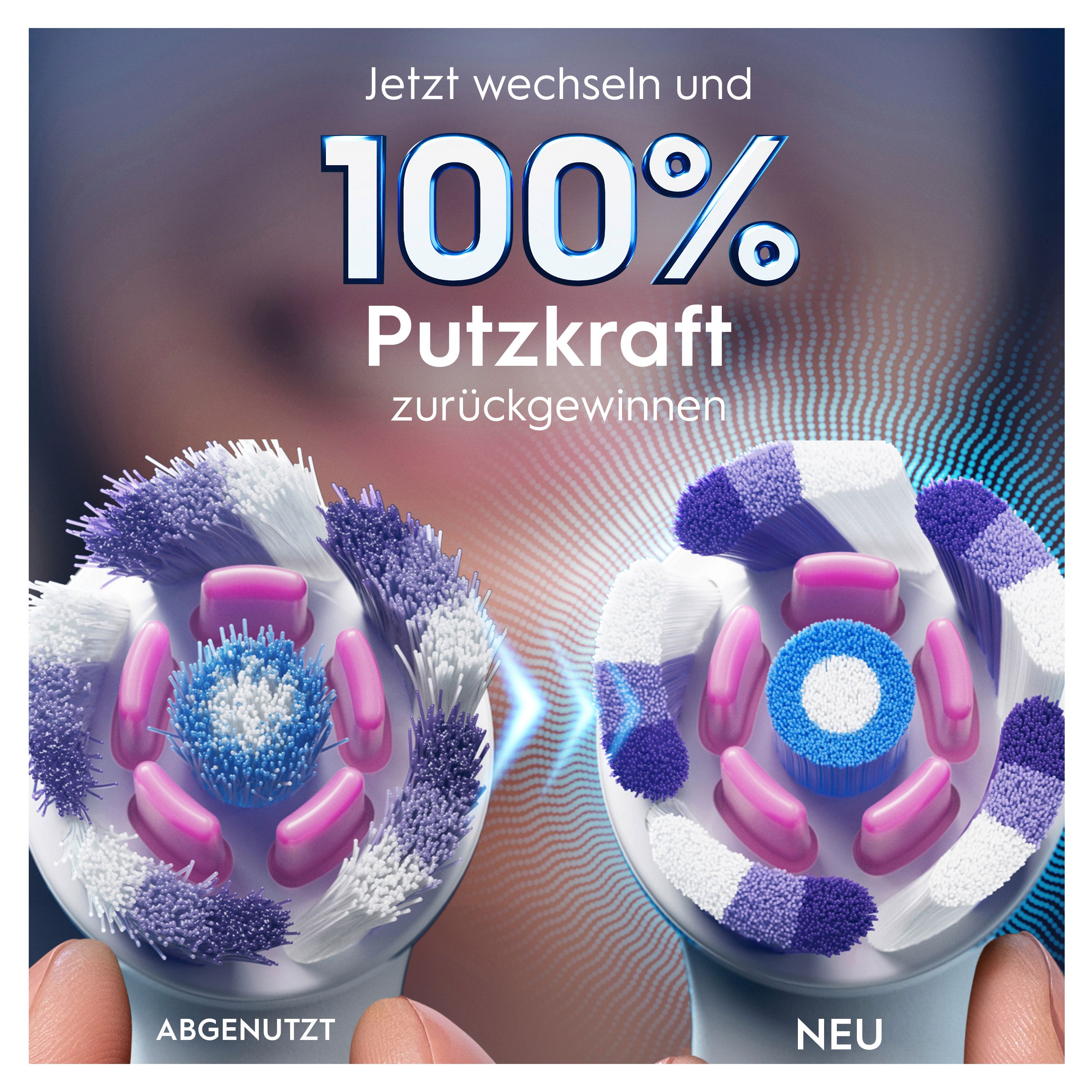 Vergleich von abgenutzten und neuen iO-Bürstenköpfen. Text: Jetzt wechseln und 100% Putzkraft zurückgewinnen.