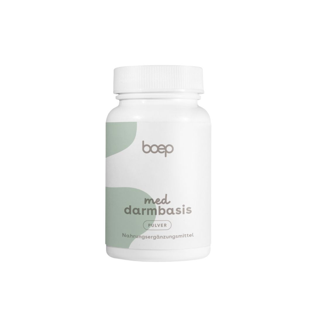 Weiße Dose mit boep Med Darmbasis Pulver. Enthält 30 Tagesportionen.