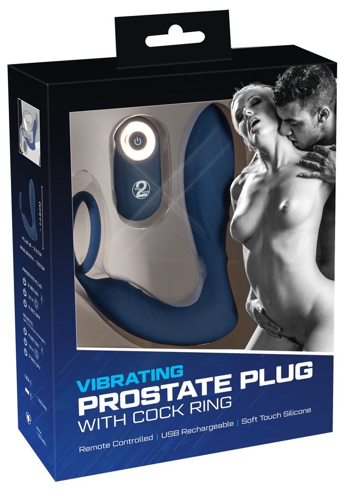 Verpackung. Vibrations-Prostate-Plug mit Cockring. Fernbedienung. USB aufladbar. Soft-Touch-Silikon.