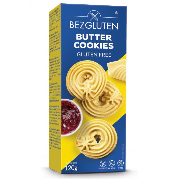 Verpackung mit Bezgluten Butterkekse glutenfrei. Blaue Box mit Keksen, Logo und Text. 120g.