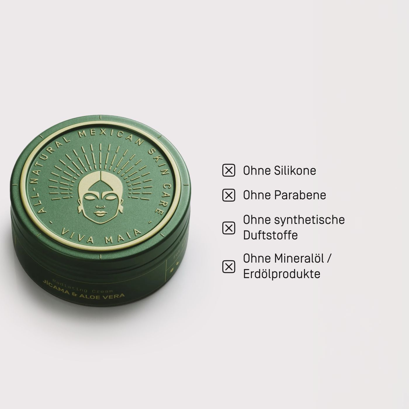 Viva Maia Radiating Cream Dose mit Hinweisen: Ohne Silikone, Parabene, synthetische Duftstoffe, Mineralöl.