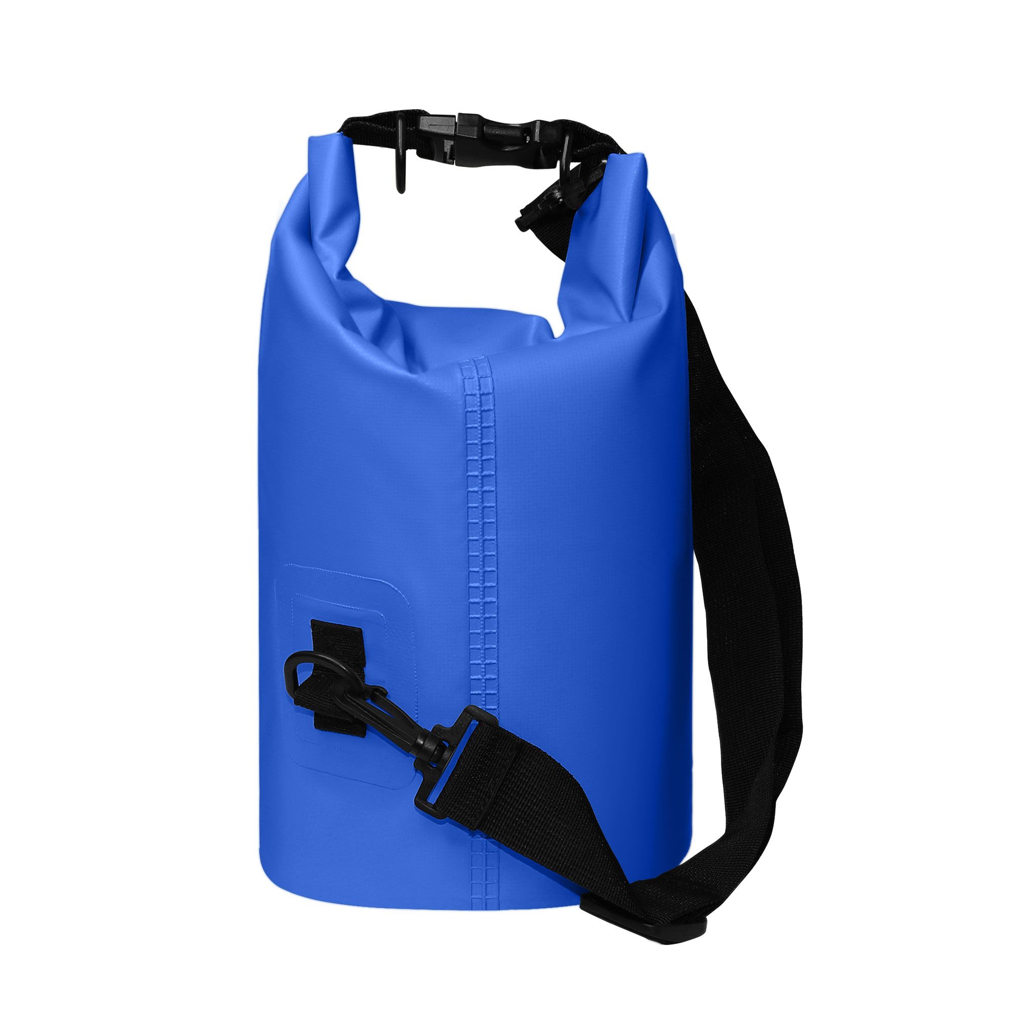 Blauer Packsack mit schwarzem Schultergurt. Schwarzer Haken und D-Ring. Wasserdicht.