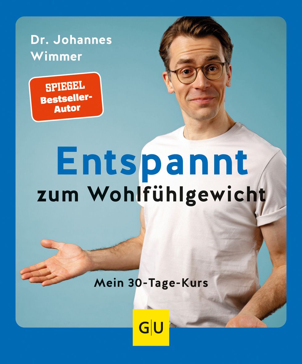 Buchcover mit Mann, Brille, weißem T-Shirt. Titel: Entspannt zum Wohlfühlgewicht. Autor: Dr. Johannes Wimmer. Logo GU. Spiegel Bestseller-Autor.