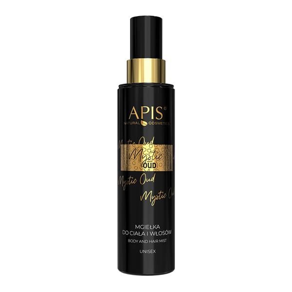 Schwarze Sprühflasche mit goldfarbenen Akzenten. Aufschrift: APIS, Mystic Oud, Körper- und Haarnebel. Unisex.
