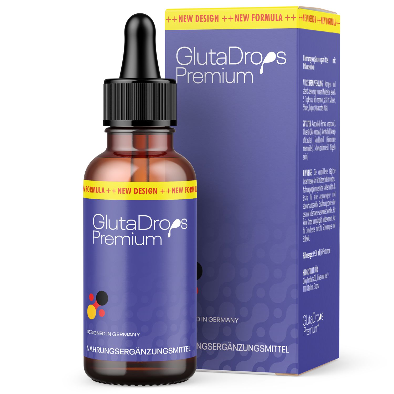 Braune Glasflasche mit Pipette und lila Etikett. Aufschrift: GlutaDrops Premium. Daneben eine lila Schachtel mit Produktinformationen.