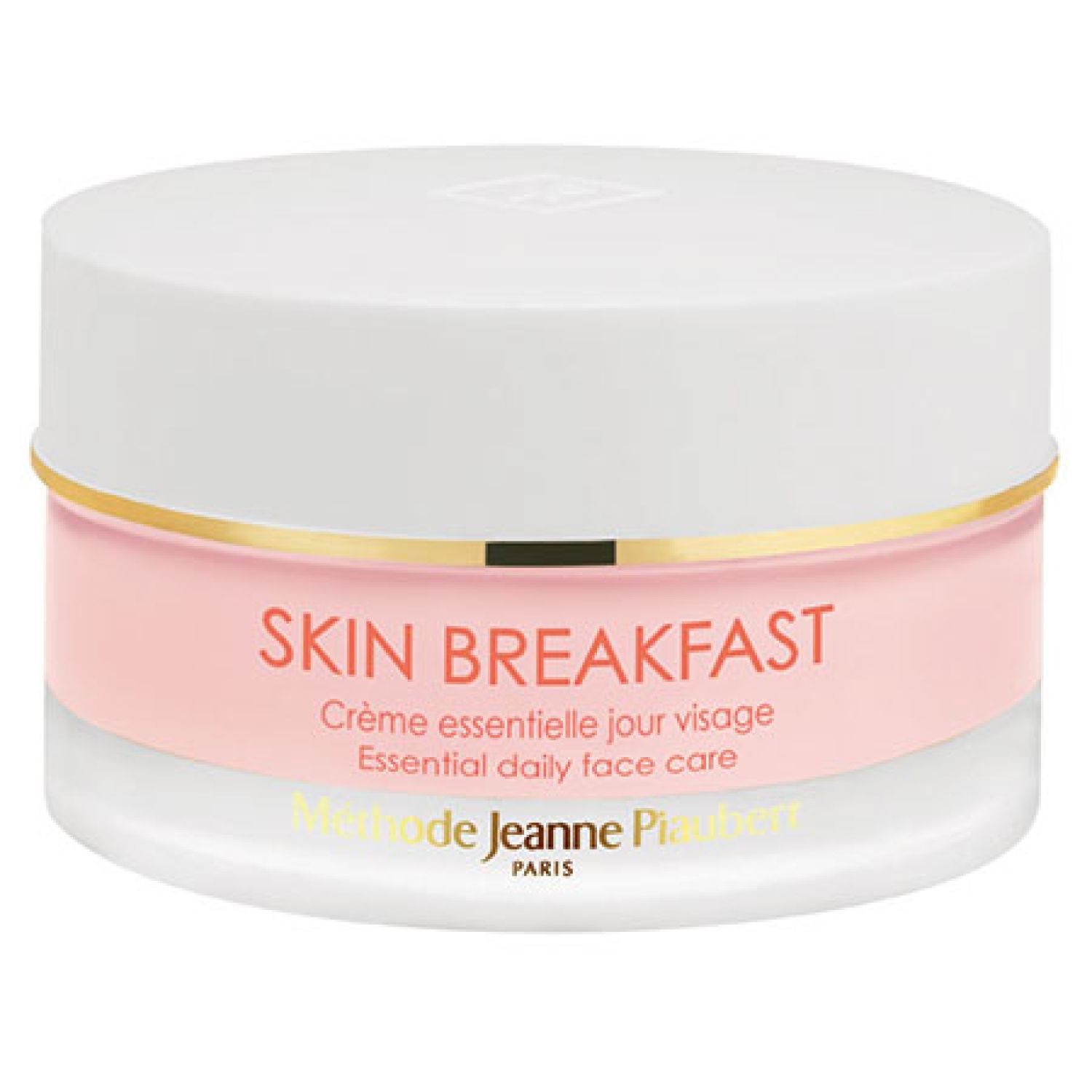 Runder Tiegel mit weißem Deckel und rosa Behälter. Aufschrift SKIN BREAKFAST, Crème essentielle jour visage, Essential daily face care. Goldener Rand.