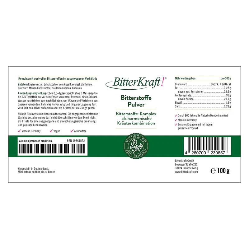 Produktetikett mit Nährwertangaben und Inhaltsstoffen. Text: BitterKraft! Bitterstoffe Pulver. Logo und Zertifizierungen.