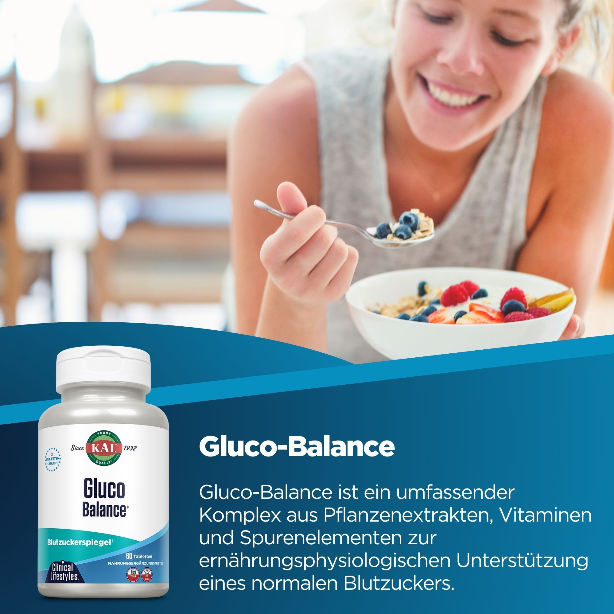 Frau isst Frühstück, daneben eine Flasche KAL Gluco-Balance.