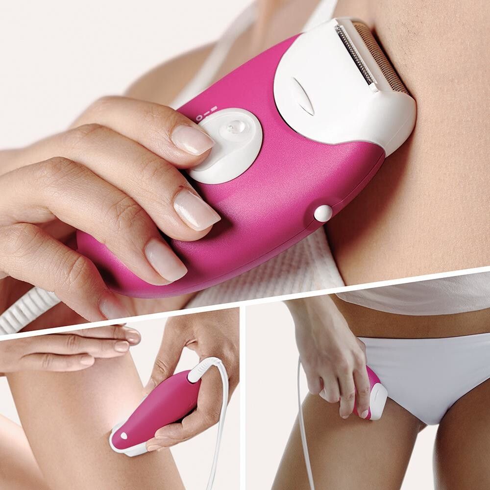 Drei Bilder zeigen Anwendung des Epilierers. Rosa Gerät, weißer Kopf, Kabel.