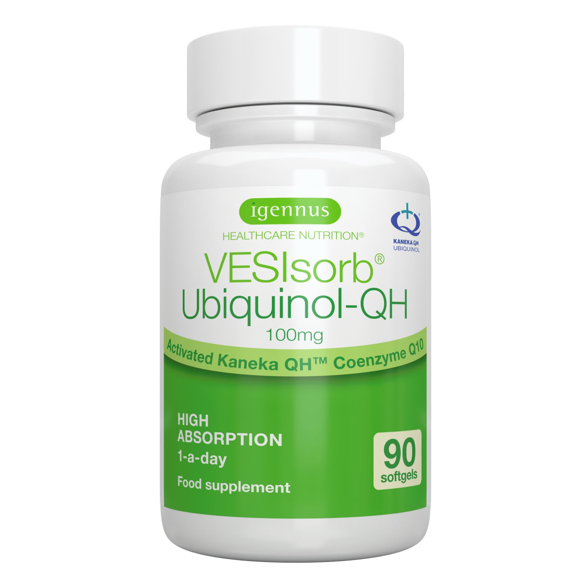 Flasche mit 90 Ubichinol-QH Weichkapseln, 100mg, hohe Absorption.