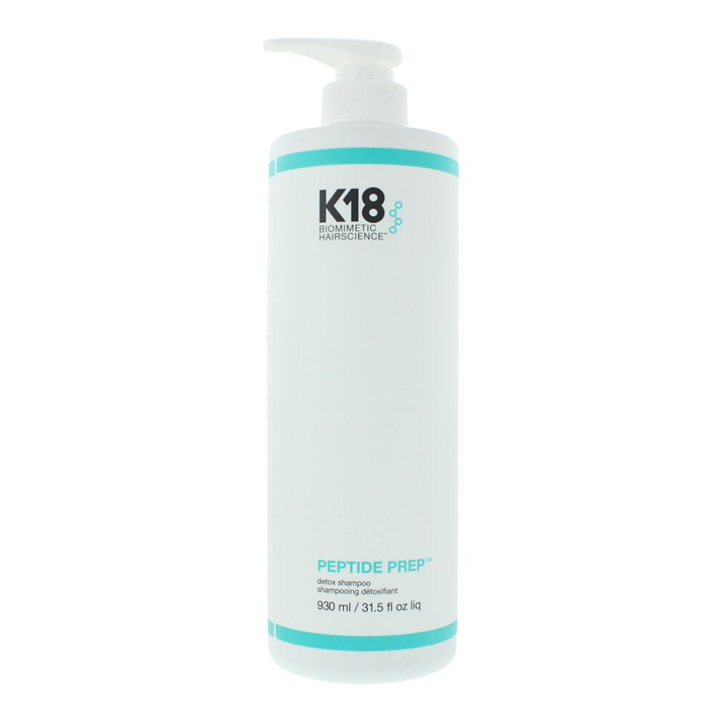 Weiße Flasche mit Pumpe. Türkisfarbene Streifen und K18-Logo. Produktname: Peptide Prep. Volumen: 900 ml.