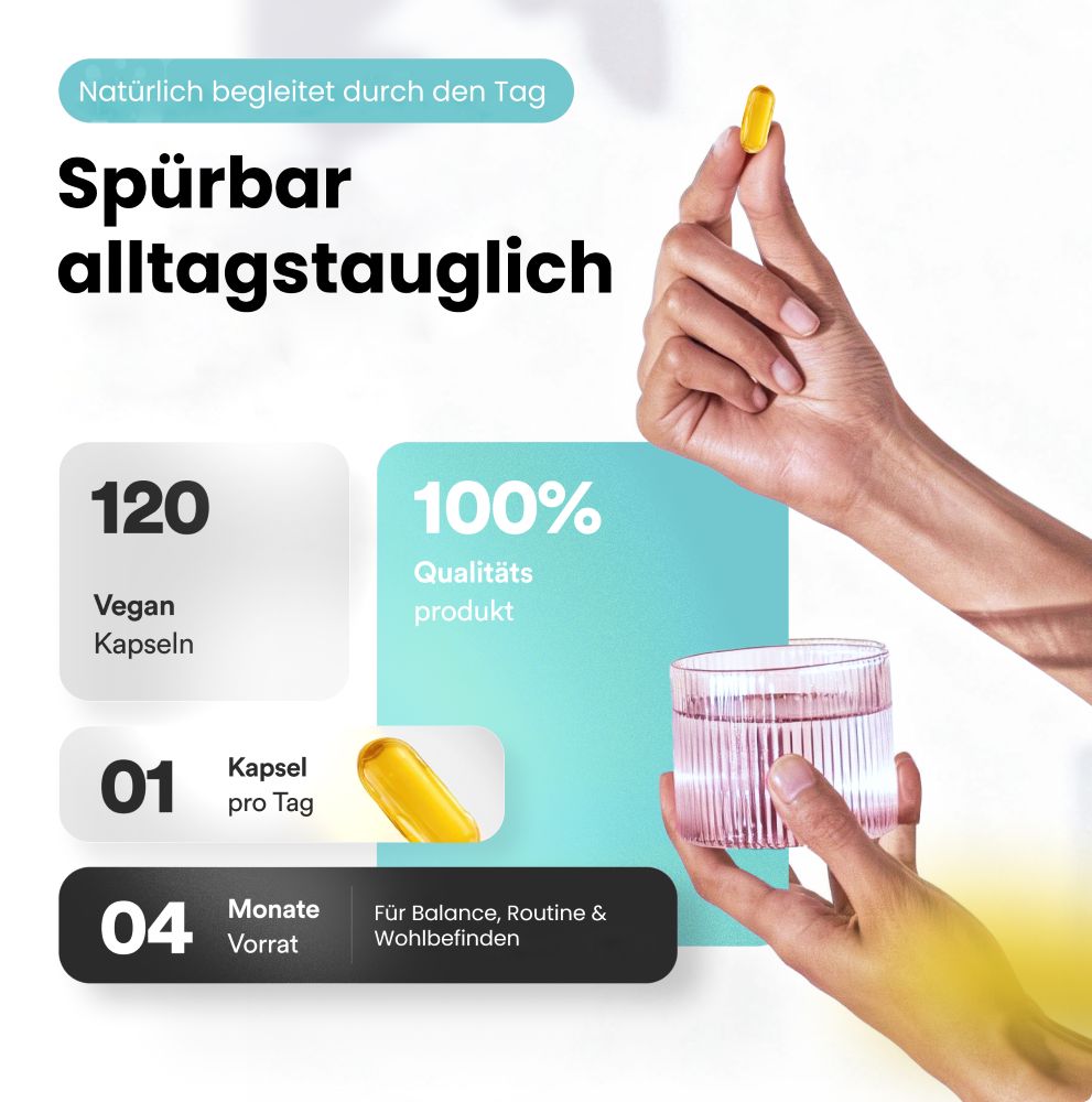 Person hält gelbe Kapsel. Text: 120 vegane Kapseln, 1 Kapsel pro Tag, 4 Monate Vorrat. Glas mit Wasser.
