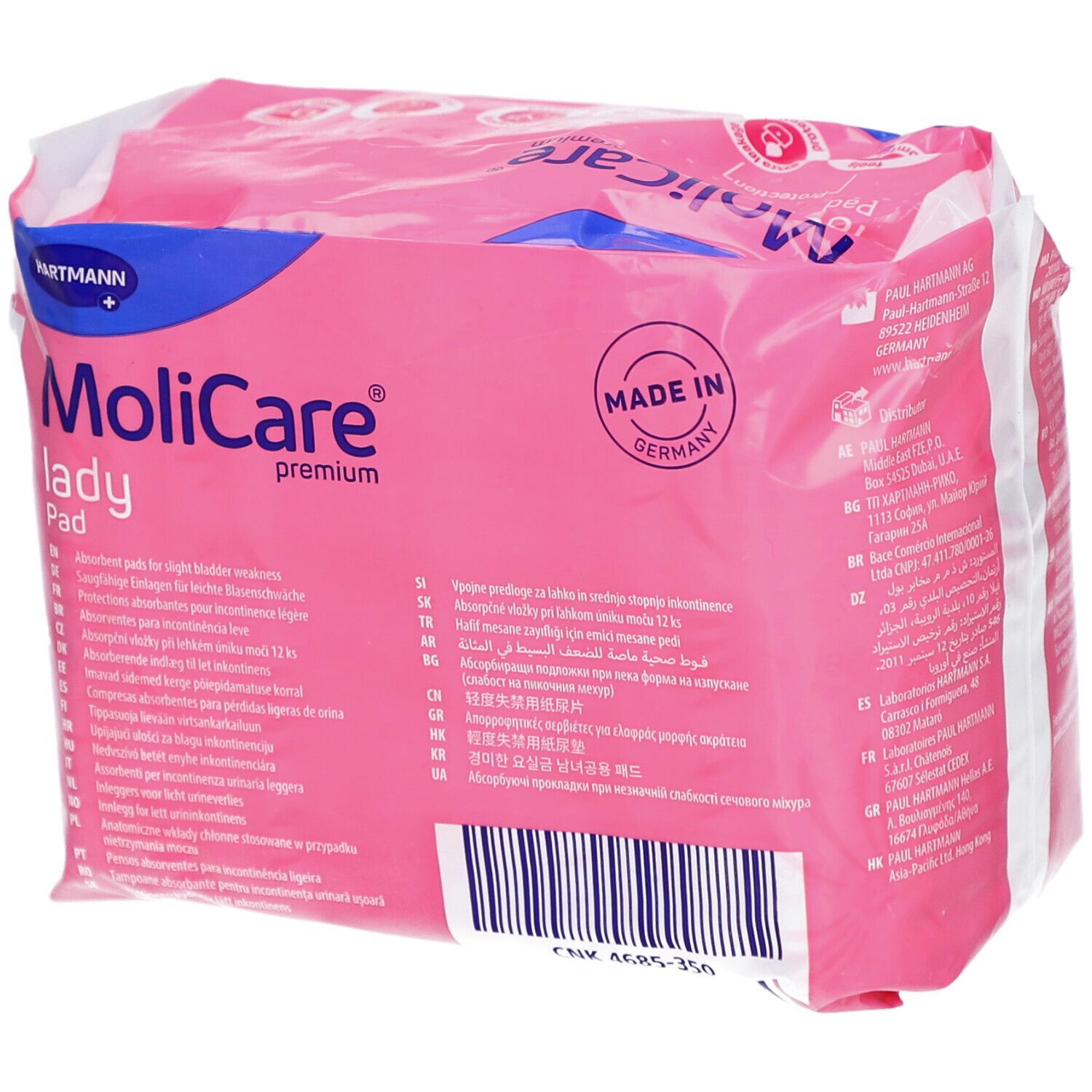 Rückseite der rosa MoliCare® premium lady Pad Verpackung. Aufdruck: Made in Germany. Mehrsprachige Produktinformationen.