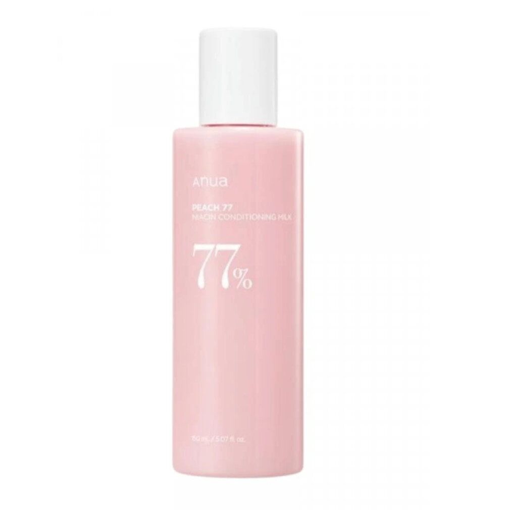 Rosa Flasche mit weißem Deckel. Aufschrift: ANUA PEACH 77 % Niacin Conditioning Milk. 77 % in Weiß.