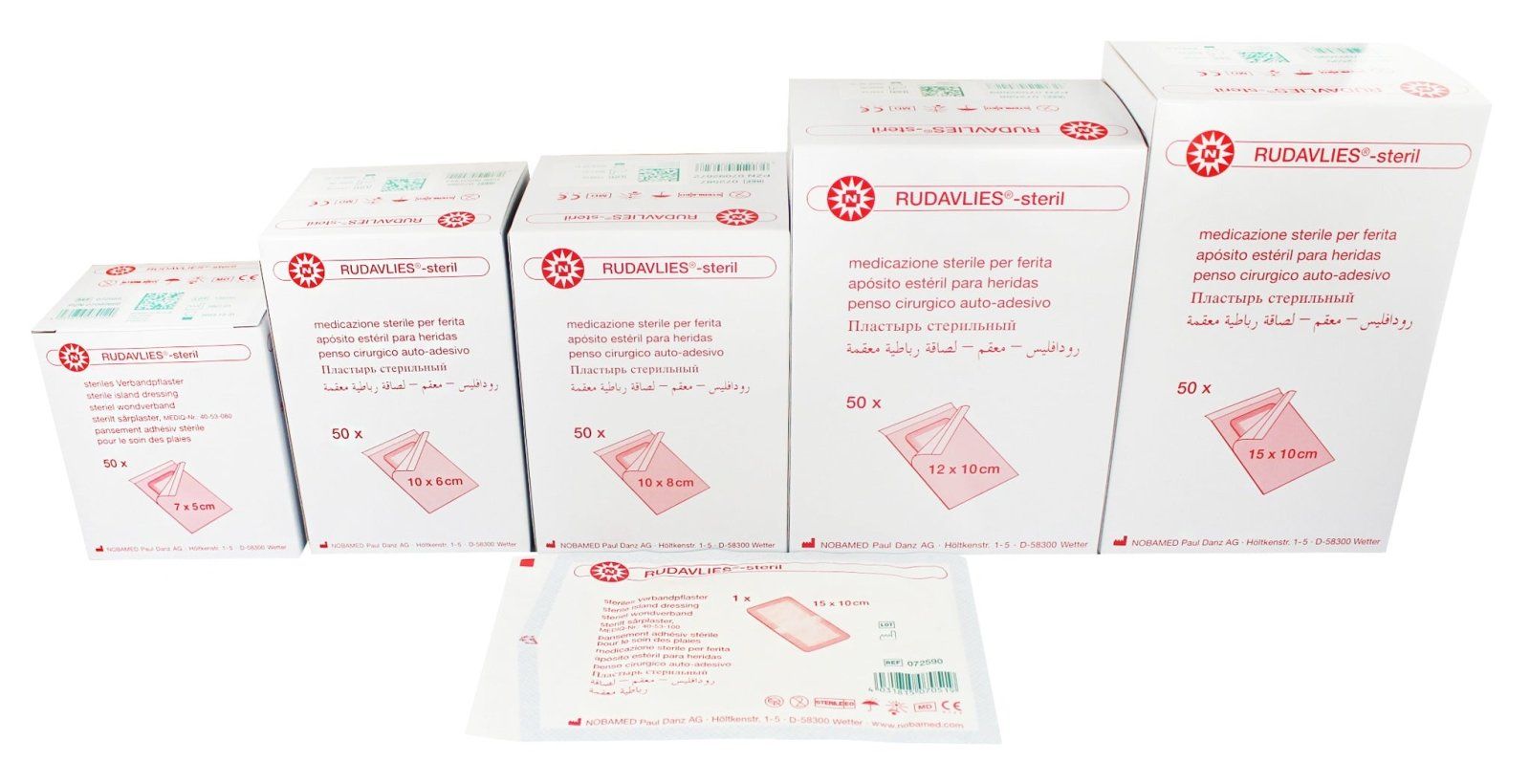 Mehrere Packungen steriler Wundpflaster. Aufdruck: Rudavlies-steril. Verpackung mit 50 Stück. Einzelne Pflaster sichtbar.