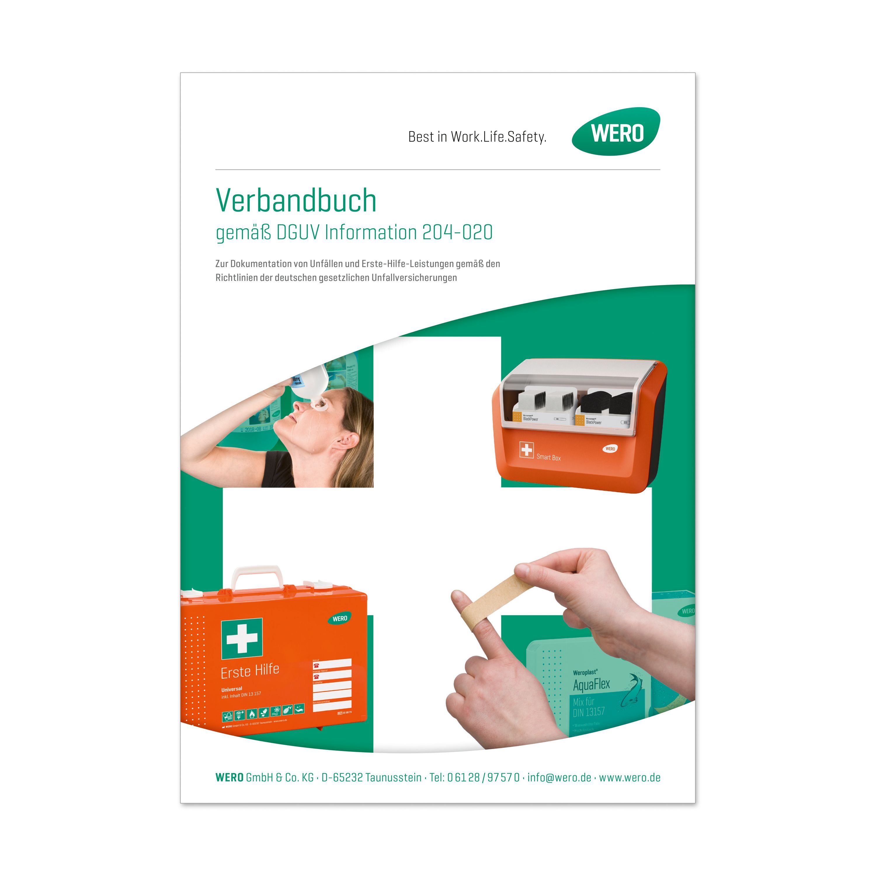 Verbandbuch, DIN A5. Titel mit "Verbandbuch" und "DGUV Information 204-020". Logo "WERO". Erste Hilfe Kasten und Augenwaschflasche.