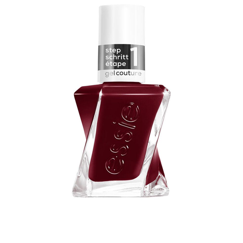 Nagellackflasche mit dunkelroter Farbe. Weißer Deckel mit silbernem Band und Schriftzug 'gel couture'.