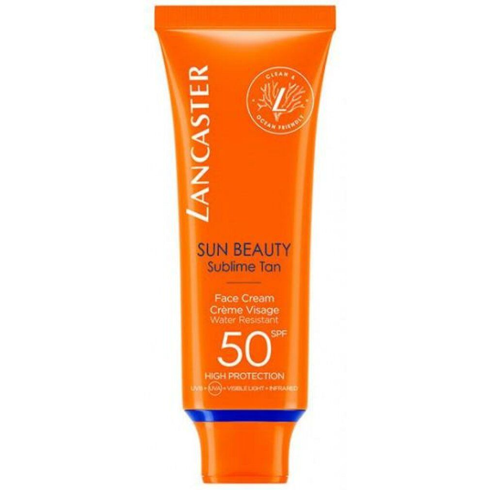 Orangefarbene Tube mit Produktinformationen. Text: Lancaster, Sun Beauty, SPF 50. 'Clean & Ocean Friendly'.