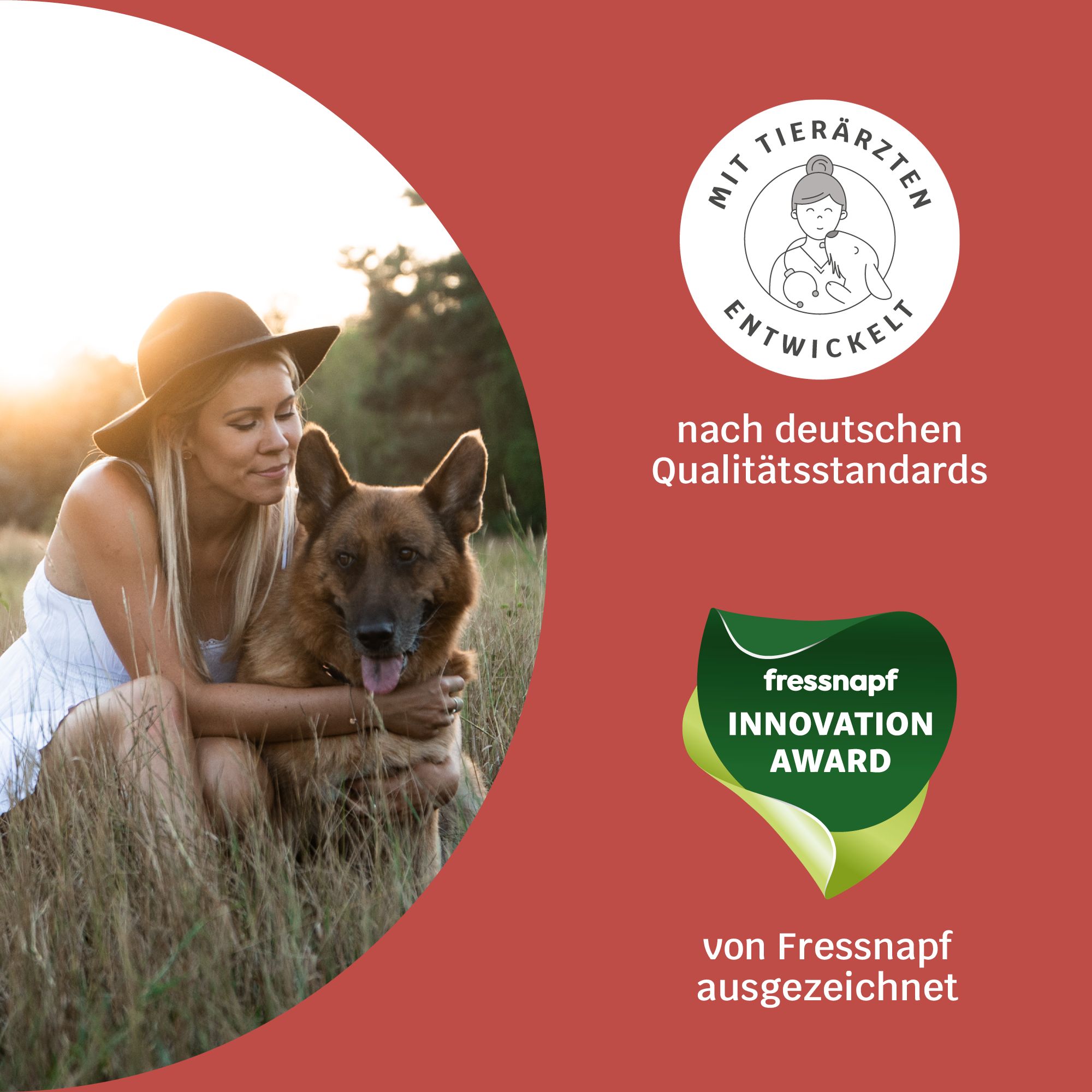 Frau mit Hund. Logos: Mit Tierärzten entwickelt, nach deutschen Qualitätsstandards, Fressnapf Innovation Award.